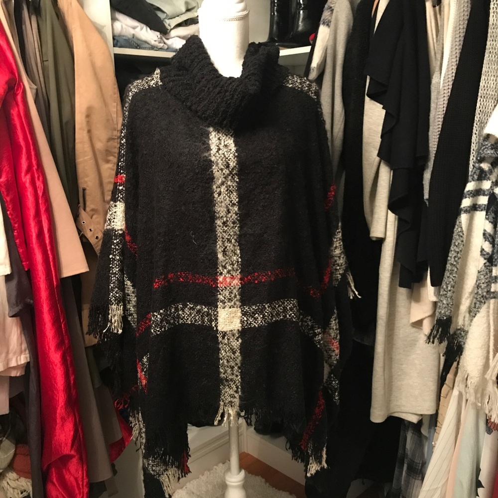 Black/Red/Cream Plaid Poncho